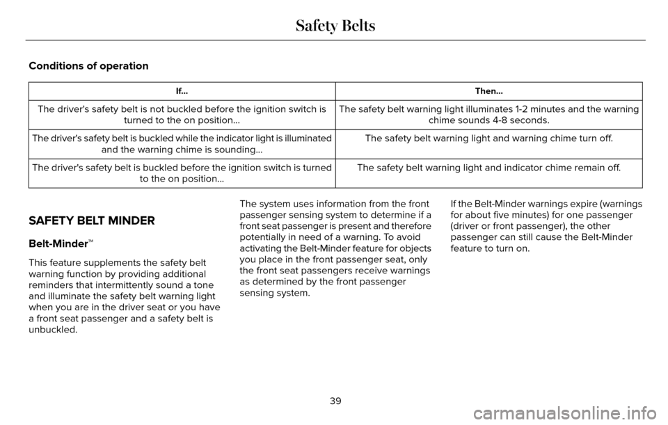 LINCOLN MKZ 2016 Service Manual Conditions of operation
Then...
If...
The safety belt warning light illuminates 1-2 minutes and the warning
chime sounds 4-8 seconds.
The drivers safety belt is not buckled before the ignition switch LINCOLN MKZ 2016 Service Manual Conditions of operation
Then...
If...
The safety belt warning light illuminates 1-2 minutes and the warning
chime sounds 4-8 seconds.
The drivers safety belt is not buckled before the ignition switch