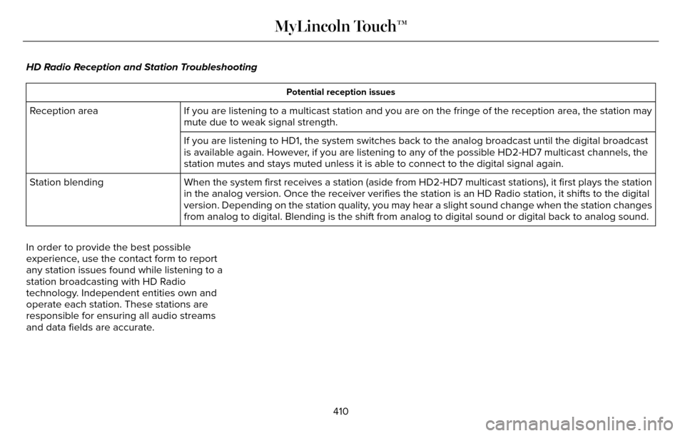 LINCOLN MKZ 2016  Owners Manual HD Radio Reception and Station Troubleshooting
Potential reception issues
If you are listening to a multicast station and you are on the fringe of\
 the reception area, the station may
mute due to wea