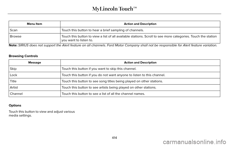 LINCOLN MKZ 2016  Owners Manual Action and Description
Menu Item
Touch this button to hear a brief sampling of channels.
Scan
Touch this button to view a list of all available stations. Scroll to see\
 more categories. Touch the sta