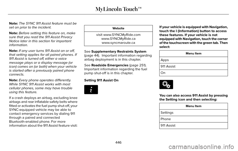 LINCOLN MKZ 2016 Owners Manual Note:The SYNC 911 Assist feature must be
set on prior to the incident.
Note: Before setting this feature on, make
sure that you read the 911 Assist Privacy
Notice later in this section for important
i LINCOLN MKZ 2016 Owners Manual Note:The SYNC 911 Assist feature must be
set on prior to the incident.
Note: Before setting this feature on, make
sure that you read the 911 Assist Privacy
Notice later in this section for important
i