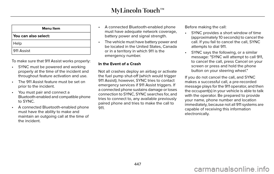 LINCOLN MKZ 2016  Owners Manual Menu Item
You can also select:
Help
911 Assist
To make sure that 911 Assist works properly:
• SYNC must be powered and working properly at the time of the incident and
throughout feature activation 
