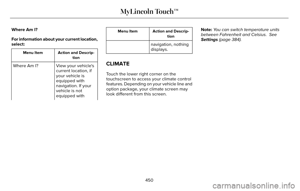LINCOLN MKZ 2016 Owners Manual Where Am I?
For information about your current location,
select:
Action and Descrip-tion
Menu Item
View your vehicles
current location, if
your vehicle is
equipped with
navigation. If your
vehicle is LINCOLN MKZ 2016 Owners Manual Where Am I?
For information about your current location,
select:
Action and Descrip-tion
Menu Item
View your vehicles
current location, if
your vehicle is
equipped with
navigation. If your
vehicle is