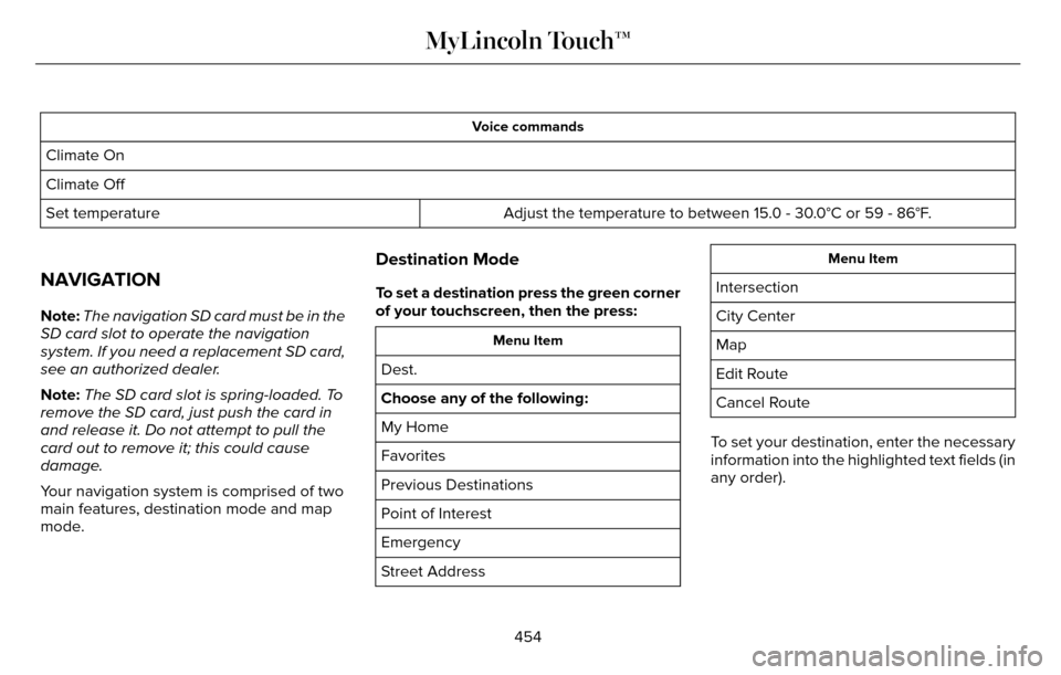 LINCOLN MKZ 2016  Owners Manual Voice commands
Climate On
Climate OffAdjust the temperature to between 15.0 - 30.0°C or 59 - 86°F.
Set temperature
NAVIGATION
Note: The navigation SD card must be in the
SD card slot to operate the 