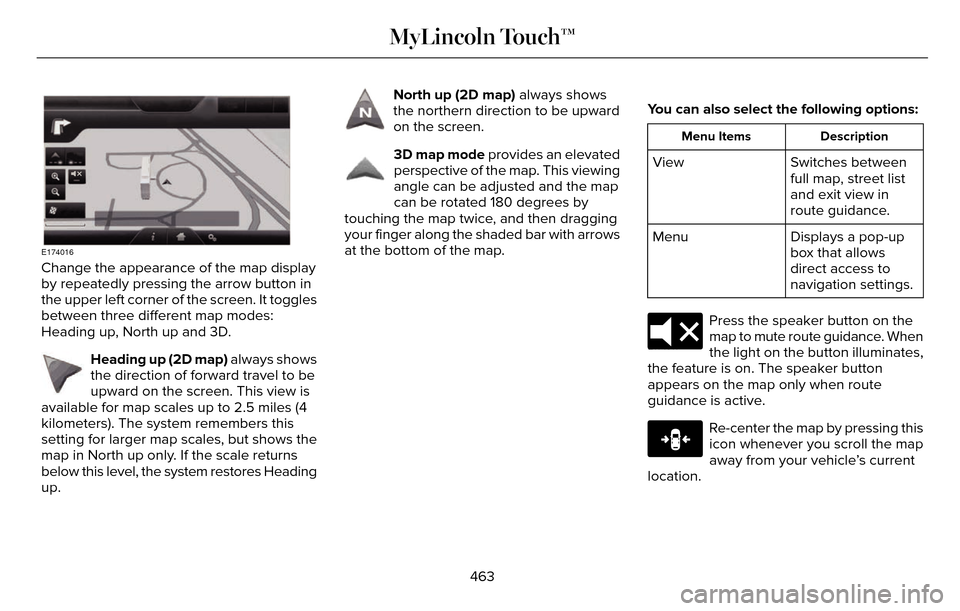 LINCOLN MKZ 2016 Owners Manual E174016
Change the appearance of the map display
by repeatedly pressing the arrow button in
the upper left corner of the screen. It toggles
between three different map modes:
Heading up, North up and LINCOLN MKZ 2016 Owners Manual E174016
Change the appearance of the map display
by repeatedly pressing the arrow button in
the upper left corner of the screen. It toggles
between three different map modes:
Heading up, North up and