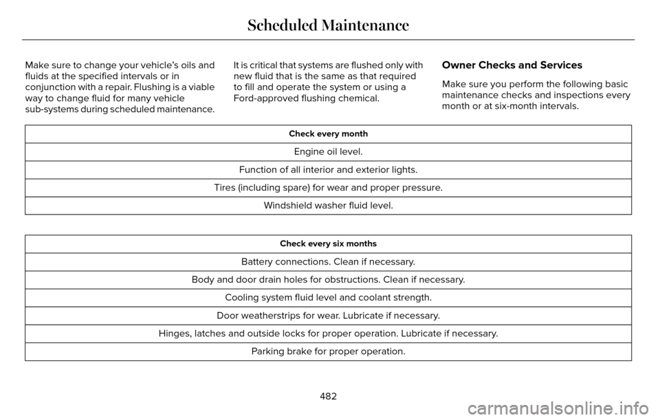 LINCOLN MKZ 2016 Owners Guide Make sure to change your vehicle’s oils and
fluids at the specified intervals or in
conjunction with a repair. Flushing is a viable
way to change fluid for many vehicle
sub-systems during scheduled 