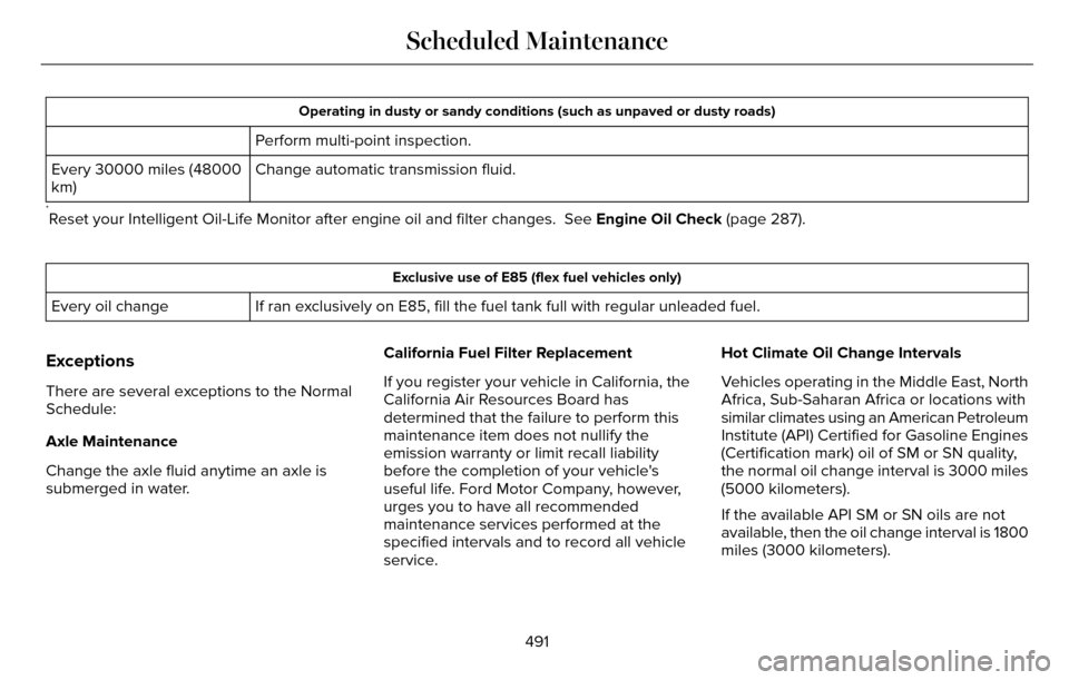 LINCOLN MKZ 2016  Owners Manual Operating in dusty or sandy conditions (such as unpaved or dusty roads)\
Perform multi-point inspection.
Change automatic transmission fluid.
Every 30000 miles (48000
km)
*Reset your Intelligent Oil-