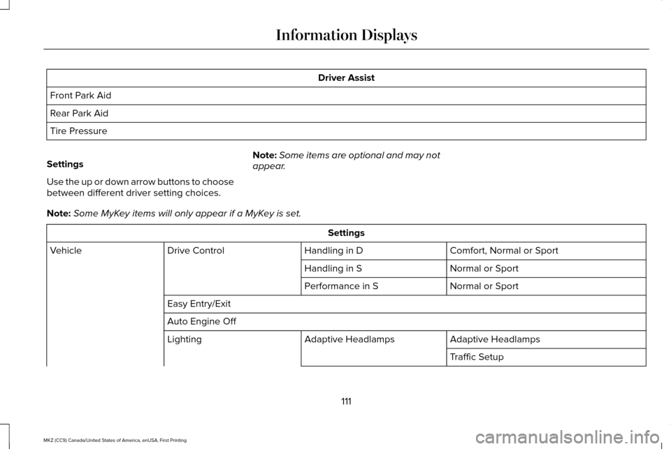 LINCOLN MKZ 2017  Owners Manual Driver Assist
Front Park Aid
Rear Park Aid
Tire Pressure
Settings
Use the up or down arrow buttons to choose
between different driver setting choices. Note:
Some items are optional and may not
appear.