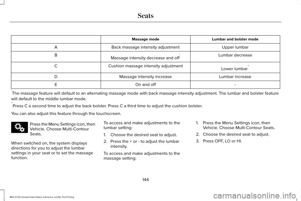 LINCOLN MKZ 2017  Owners Manual Lumbar and bolster mode
Massage mode
Upper lumbar
Back massage intensity adjustment
A
Lumbar decrease
Massage intensity decrease and off *
B
Lower lumbar**
Cushion massage intensity adjustment
C
Lumba