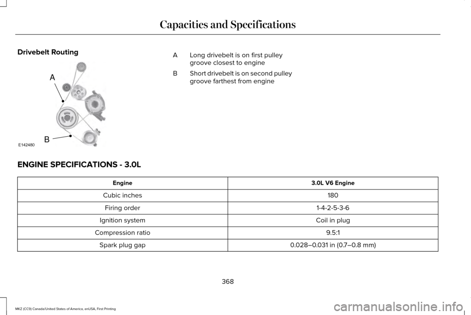 LINCOLN MKZ 2017  Owners Manual Drivebelt Routing
Long drivebelt is on first pulley
groove closest to engine
A
Short drivebelt is on second pulley
groove farthest from engine
B
ENGINE SPECIFICATIONS - 3.0L 3.0L V6 Engine
Engine
180
