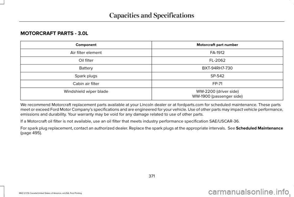 LINCOLN MKZ 2017  Owners Manual MOTORCRAFT PARTS - 3.0L
Motorcraft part number
Component
FA-1912
Air filter element
FL-2062
Oil filter
BXT-94RH7-730
Battery
SP-542
Spark plugs
FP-71
Cabin air filter
WW-2200 (driver side)
Windshield 