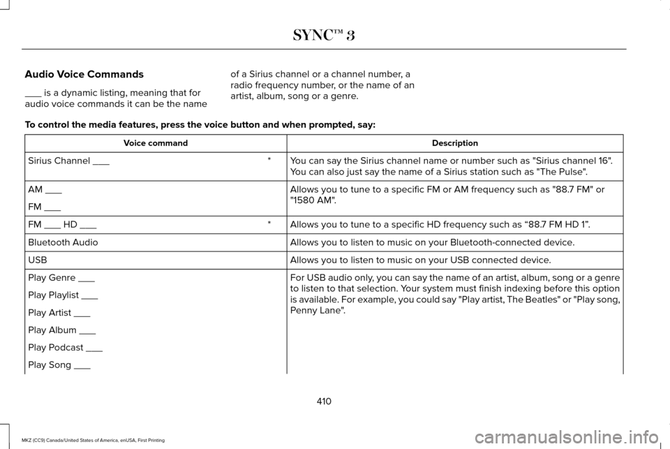 LINCOLN MKZ 2017 Owners Manual Audio Voice Commands
___ is a dynamic listing, meaning that for
audio voice commands it can be the name
of a Sirius channel or a channel number, a
radio frequency number, or the name of an
artist, alb LINCOLN MKZ 2017 Owners Manual Audio Voice Commands
___ is a dynamic listing, meaning that for
audio voice commands it can be the name
of a Sirius channel or a channel number, a
radio frequency number, or the name of an
artist, alb