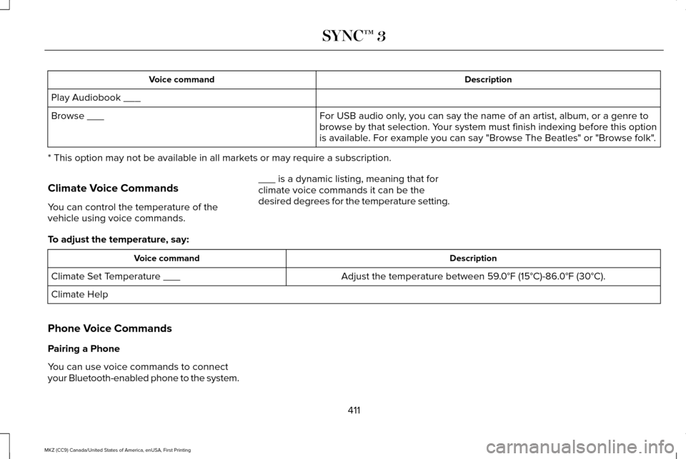 LINCOLN MKZ 2017 Owners Manual Description
Voice command
Play Audiobook ___ For USB audio only, you can say the name of an artist, album, or a genre to
browse by that selection. Your system must finish indexing before this option
i LINCOLN MKZ 2017 Owners Manual Description
Voice command
Play Audiobook ___ For USB audio only, you can say the name of an artist, album, or a genre to
browse by that selection. Your system must finish indexing before this option
i