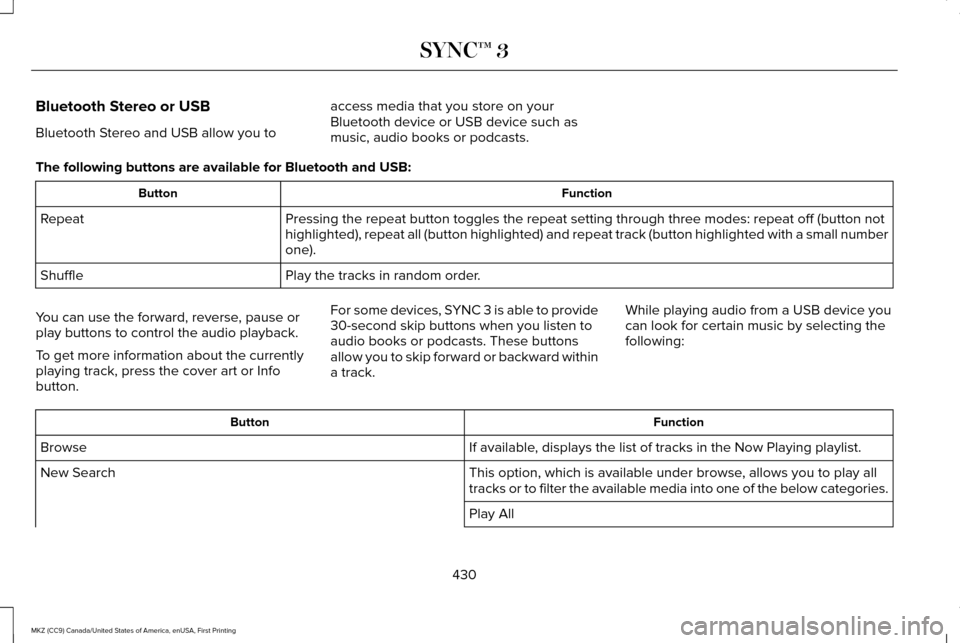 LINCOLN MKZ 2017  Owners Manual Bluetooth Stereo or USB
Bluetooth Stereo and USB allow you to
access media that you store on your
Bluetooth device or USB device such as
music, audio books or podcasts.
The following buttons are avail