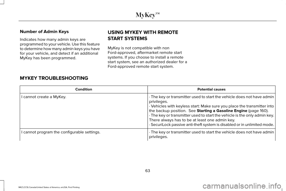 LINCOLN MKZ 2017 Owners Manual Number of Admin Keys
Indicates how many admin keys are
programmed to your vehicle. Use this feature
to determine how many admin keys you have
for your vehicle, and detect if an additional
MyKey has be LINCOLN MKZ 2017 Owners Manual Number of Admin Keys
Indicates how many admin keys are
programmed to your vehicle. Use this feature
to determine how many admin keys you have
for your vehicle, and detect if an additional
MyKey has be