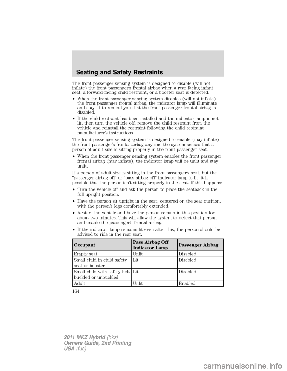 LINCOLN MKZ HYBRID 2011 Owners Manual The front passenger sensing system is designed to disable (will not
inflate) the front passenger’s frontal airbag when a rear facing infant
seat, a forward-facing child restraint, or a booster seat LINCOLN MKZ HYBRID 2011 Owners Manual The front passenger sensing system is designed to disable (will not
inflate) the front passenger’s frontal airbag when a rear facing infant
seat, a forward-facing child restraint, or a booster seat