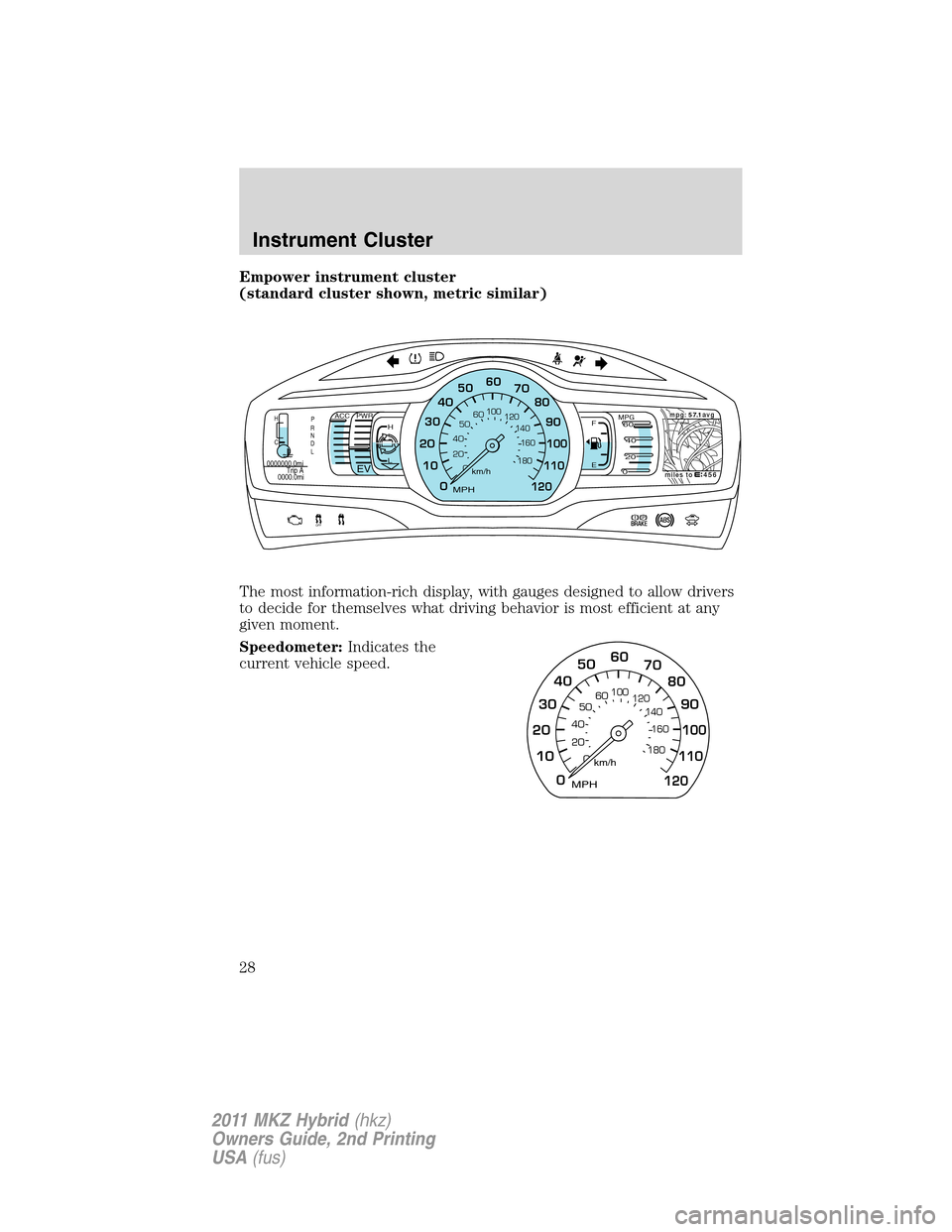 LINCOLN MKZ HYBRID 2011  Owners Manual Empower instrument cluster
(standard cluster shown, metric similar)
The most information-rich display, with gauges designed to allow drivers
to decide for themselves what driving behavior is most effi