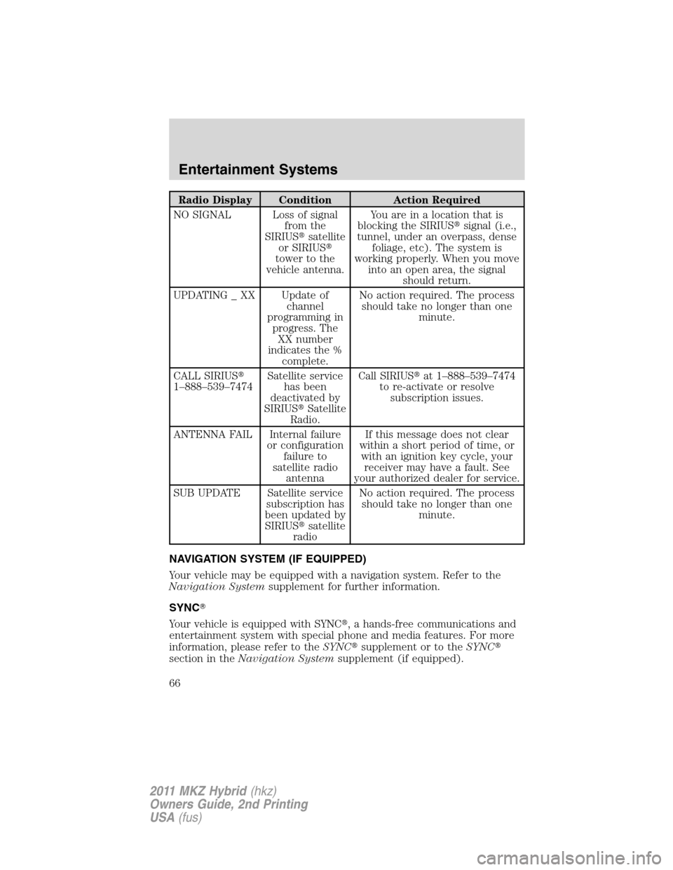 LINCOLN MKZ HYBRID 2011  Owners Manual Radio Display Condition Action Required
NO SIGNAL Loss of signal
from the
SIRIUSsatellite
or SIRIUS
tower to the
vehicle antenna.You are in a location that is
blocking the SIRIUSsignal (i.e.,
tunne