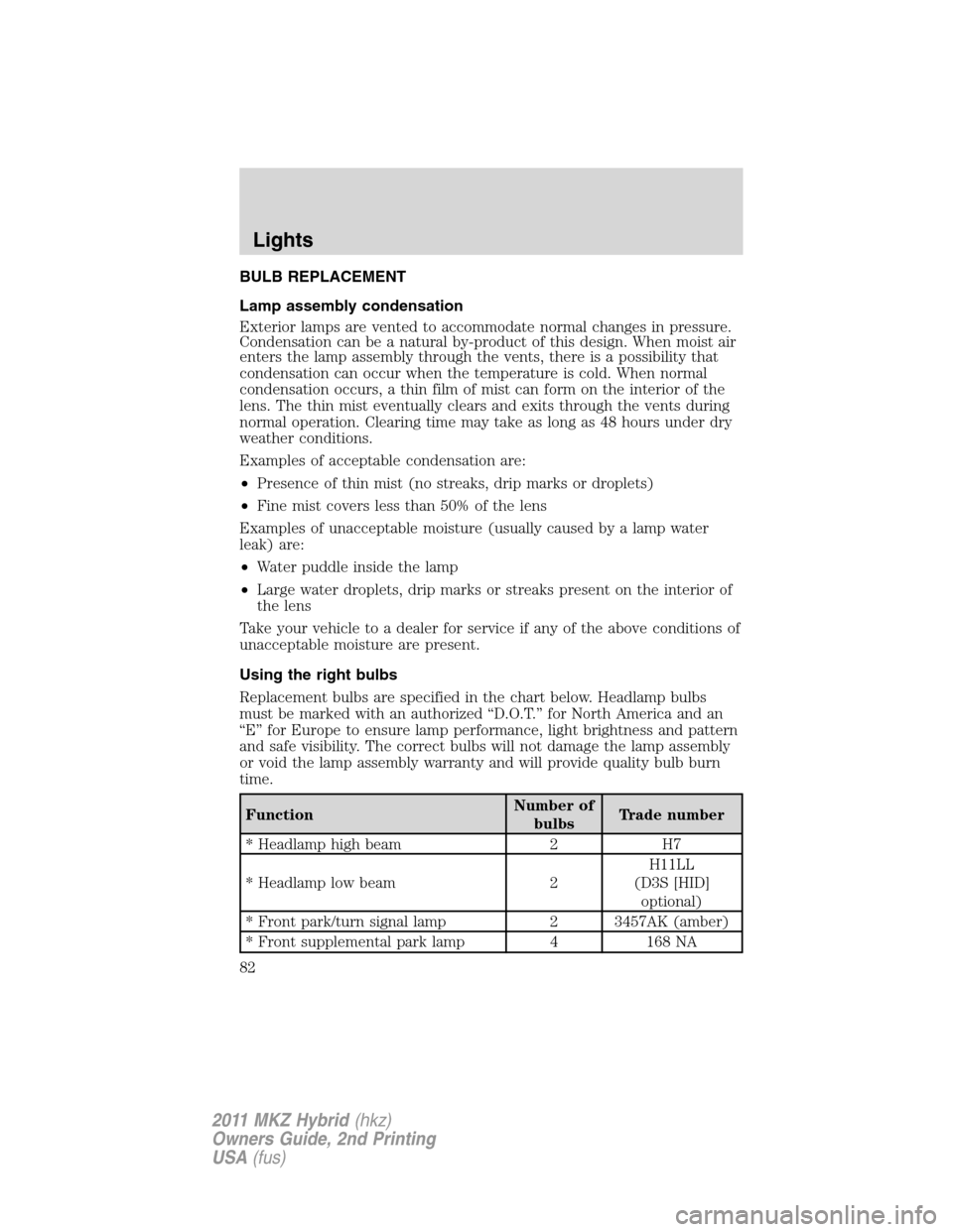 LINCOLN MKZ HYBRID 2011  Owners Manual BULB REPLACEMENT
Lamp assembly condensation
Exterior lamps are vented to accommodate normal changes in pressure.
Condensation can be a natural by-product of this design. When moist air
enters the lamp