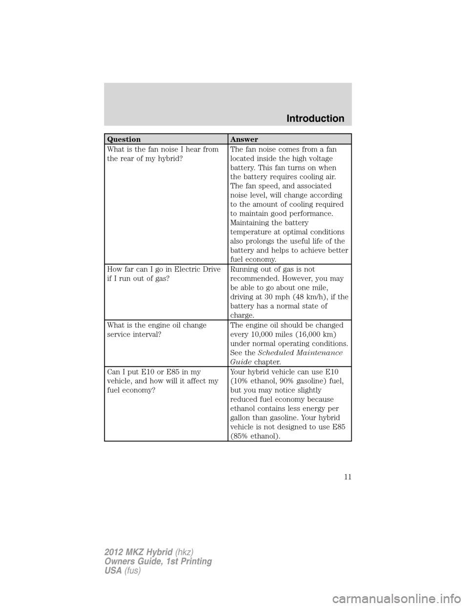 LINCOLN MKZ HYBRID 2012  Owners Manual Question Answer
What is the fan noise I hear from
the rear of my hybrid?The fan noise comes from a fan
located inside the high voltage
battery. This fan turns on when
the battery requires cooling air.