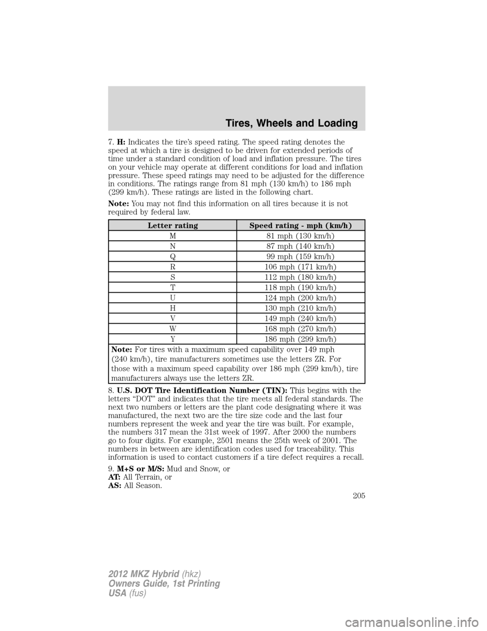 LINCOLN MKZ HYBRID 2012 User Guide 7.H:Indicates the tire’s speed rating. The speed rating denotes the
speed at which a tire is designed to be driven for extended periods of
time under a standard condition of load and inflation press