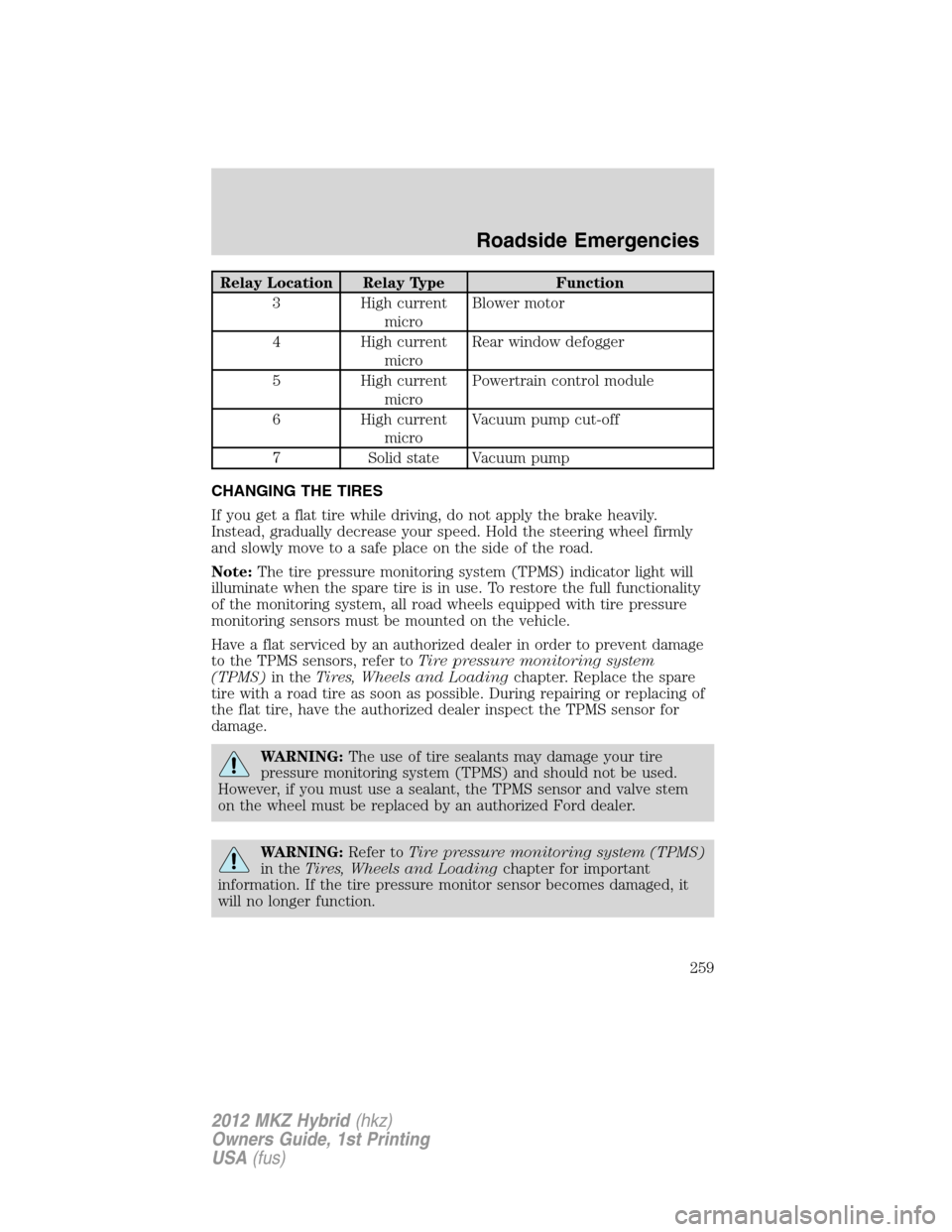LINCOLN MKZ HYBRID 2012  Owners Manual Relay Location Relay Type Function
3 High current
microBlower motor
4 High current
microRear window defogger
5 High current
microPowertrain control module
6 High current
microVacuum pump cut-off
7 Sol