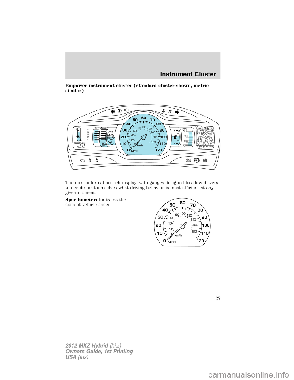 LINCOLN MKZ HYBRID 2012  Owners Manual Empower instrument cluster (standard cluster shown, metric
similar)
The most information-rich display, with gauges designed to allow drivers
to decide for themselves what driving behavior is most effi