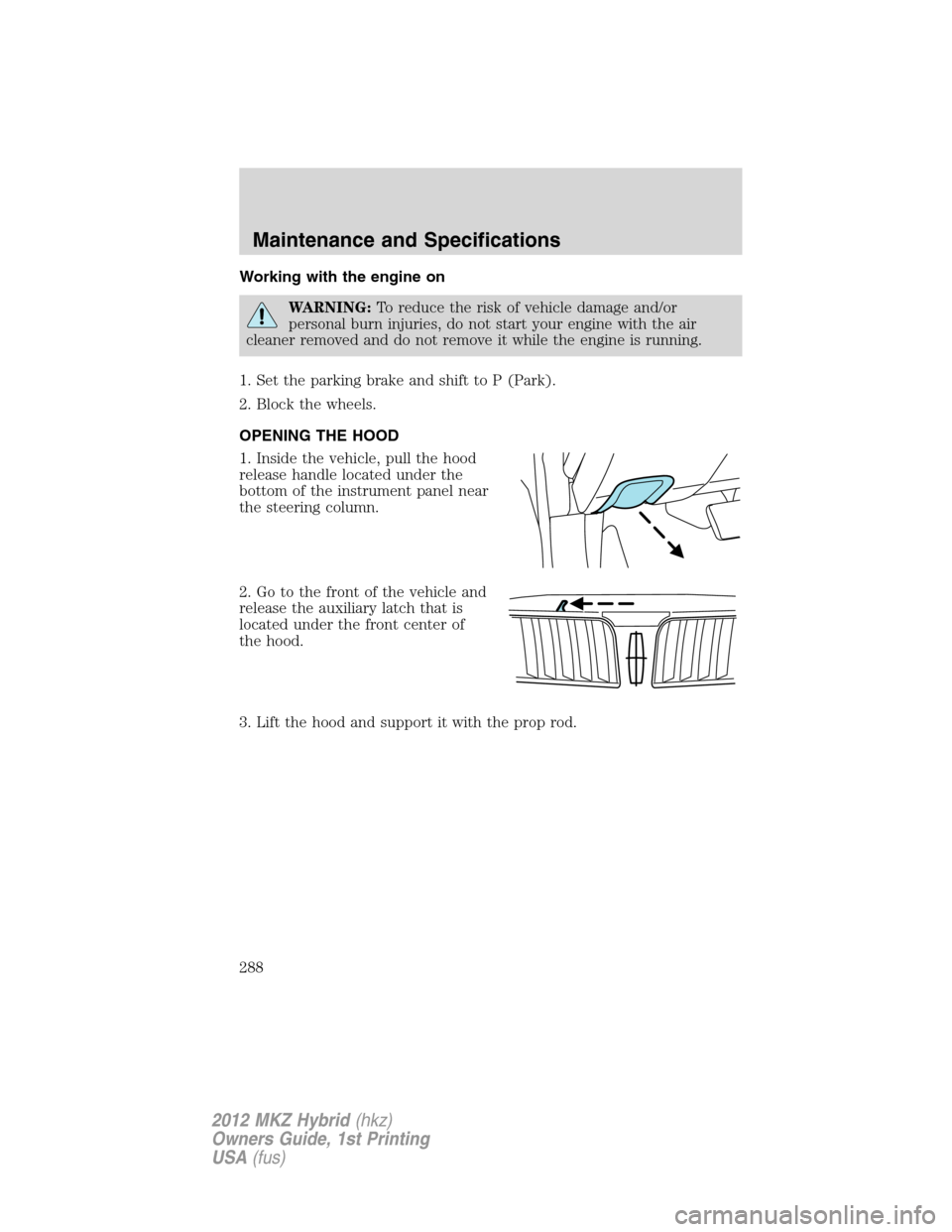 LINCOLN MKZ HYBRID 2012  Owners Manual Working with the engine on
WARNING:To reduce the risk of vehicle damage and/or
personal burn injuries, do not start your engine with the air
cleaner removed and do not remove it while the engine is ru