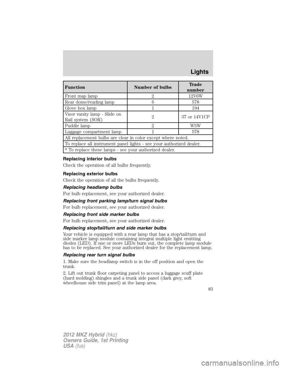 LINCOLN MKZ HYBRID 2012  Owners Manual Function Number of bulbsTrade
number
Front map lamp 2 12V6W
Rear dome/reading lamp 6 578
Glove box lamp 1 194
Visor vanity lamp - Slide on
Rail system (SOR)2 37 or 14V1CP
Puddle lamp 2 W5W
Luggage com