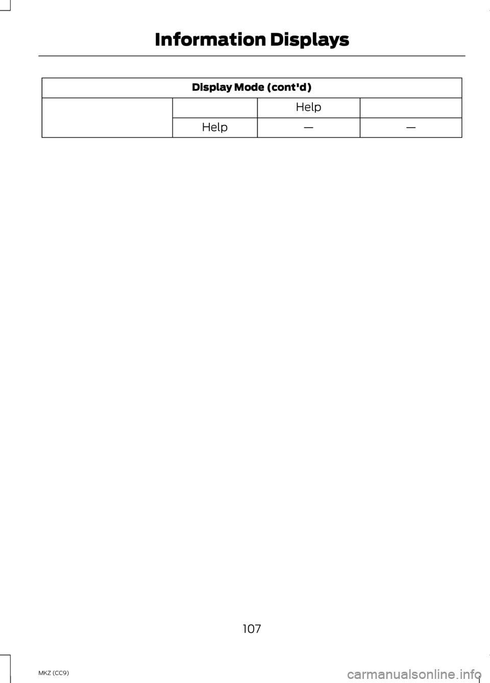 LINCOLN MKZ HYBRID 2013 Owners Manual Display Mode (contd)
Help —
—
Help
107
MKZ (CC9) Information Displays LINCOLN MKZ HYBRID 2013 Owners Manual Display Mode (contd)
Help —
—
Help
107
MKZ (CC9) Information Displays