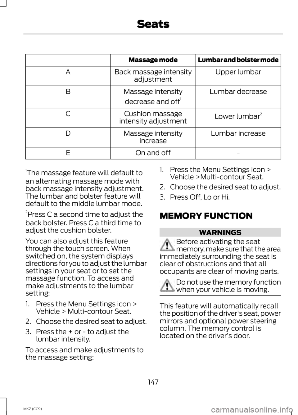 LINCOLN MKZ HYBRID 2013  Owners Manual Lumbar and bolster mode
Massage mode
Upper lumbar
Back massage intensity
adjustment
A
Lumbar decrease
Massage intensity
decrease and off 1
B
Lower lumbar2
Cushion massage
intensity adjustment
C
Lumbar