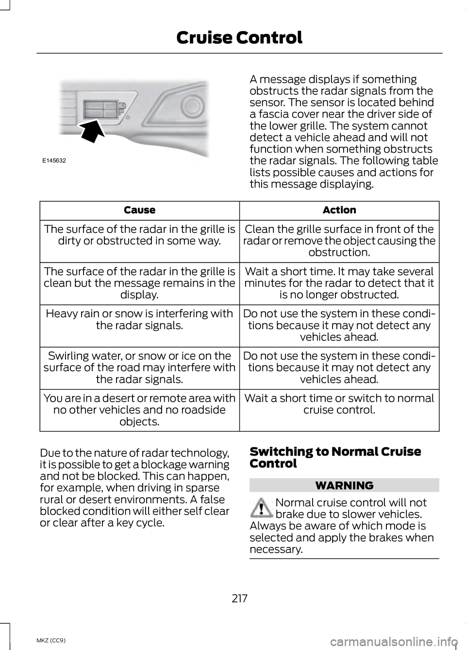 LINCOLN MKZ HYBRID 2013  Owners Manual A message displays if something
obstructs the radar signals from the
sensor. The sensor is located behind
a fascia cover near the driver side of
the lower grille. The system cannot
detect a vehicle ah