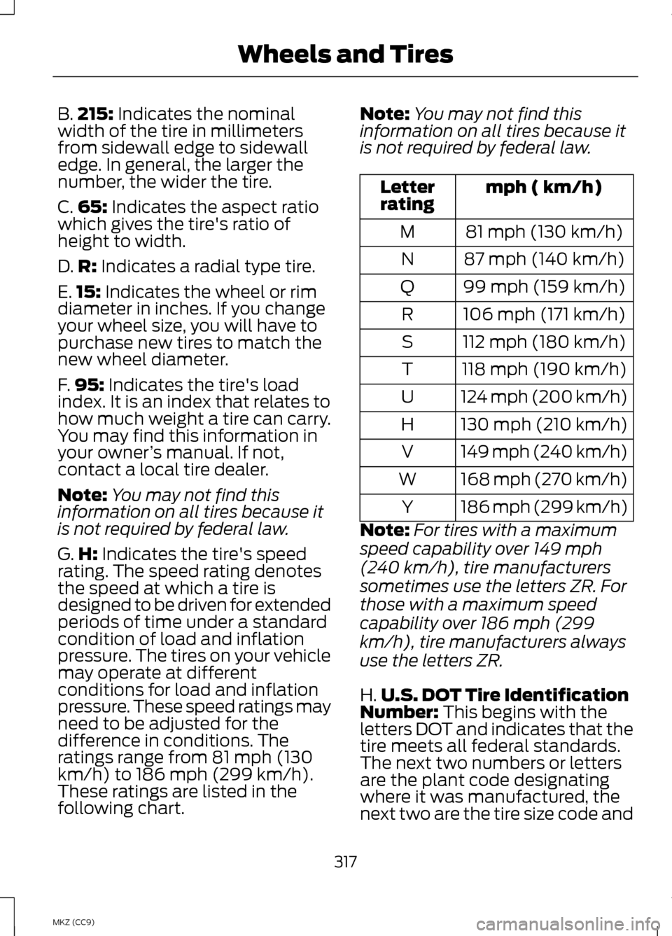 LINCOLN MKZ HYBRID 2013 Owners Manual B.
215: Indicates the nominal
width of the tire in millimeters
from sidewall edge to sidewall
edge. In general, the larger the
number, the wider the tire.
C. 65:
Indicates the aspect ratio
which give LINCOLN MKZ HYBRID 2013 Owners Manual B.
215: Indicates the nominal
width of the tire in millimeters
from sidewall edge to sidewall
edge. In general, the larger the
number, the wider the tire.
C. 65:
Indicates the aspect ratio
which give