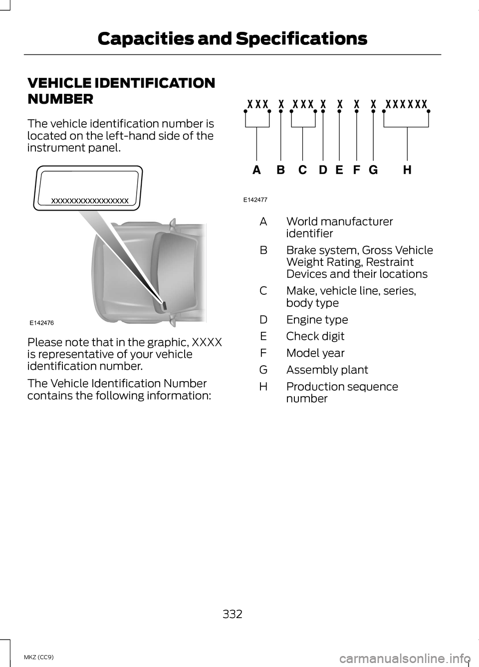 LINCOLN MKZ HYBRID 2013 Owners Manual VEHICLE IDENTIFICATION
NUMBER
The vehicle identification number is
located on the left-hand side of the
instrument panel.
Please note that in the graphic, XXXX
is representative of your vehicle
identi LINCOLN MKZ HYBRID 2013 Owners Manual VEHICLE IDENTIFICATION
NUMBER
The vehicle identification number is
located on the left-hand side of the
instrument panel.
Please note that in the graphic, XXXX
is representative of your vehicle
identi