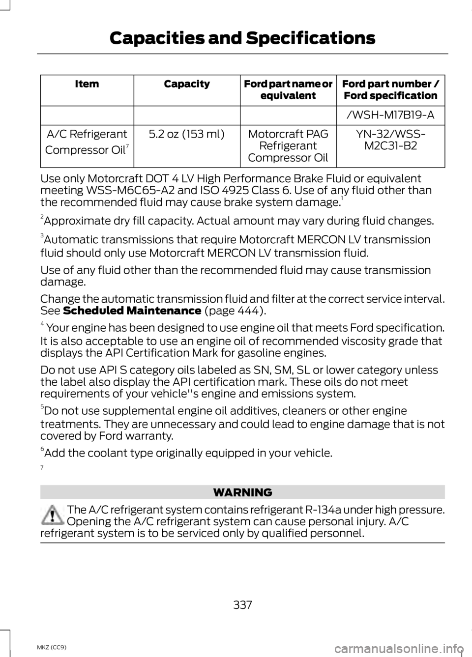 LINCOLN MKZ HYBRID 2013  Owners Manual Ford part number /
Ford specification
Ford part name or
equivalent
Capacity
Item
/WSH-M17B19-AYN-32/WSS-M2C31-B2
Motorcraft PAG
Refrigerant
Compressor Oil
5.2 oz (153 ml)
A/C Refrigerant
Compressor Oi