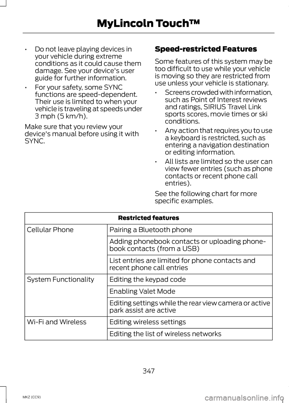 LINCOLN MKZ HYBRID 2013  Owners Manual •
Do not leave playing devices in
your vehicle during extreme
conditions as it could cause them
damage. See your devices user
guide for further information.
• For your safety, some SYNC
functions