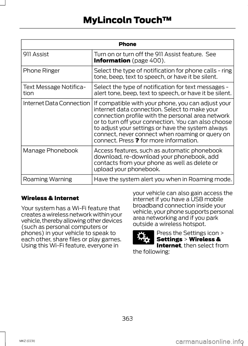 LINCOLN MKZ HYBRID 2013  Owners Manual Phone
Turn on or turn off the 911 Assist feature.  See
Information (page 400).
911 Assist
Select the type of notification for phone calls - ring
tone, beep, text to speech, or have it be silent.
Phone