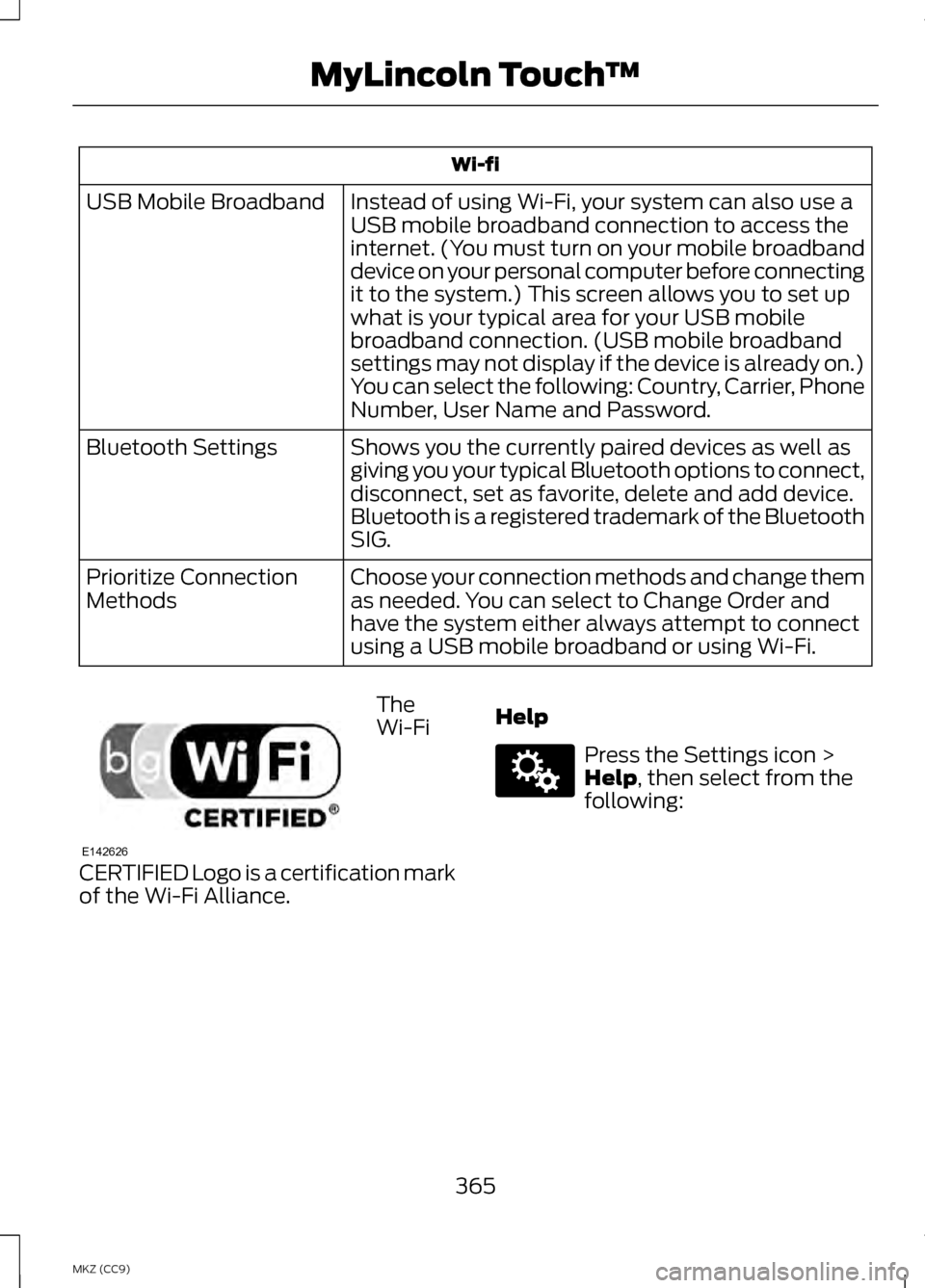 LINCOLN MKZ HYBRID 2013  Owners Manual Wi-fi
Instead of using Wi-Fi, your system can also use a
USB mobile broadband connection to access the
internet. (You must turn on your mobile broadband
device on your personal computer before connect