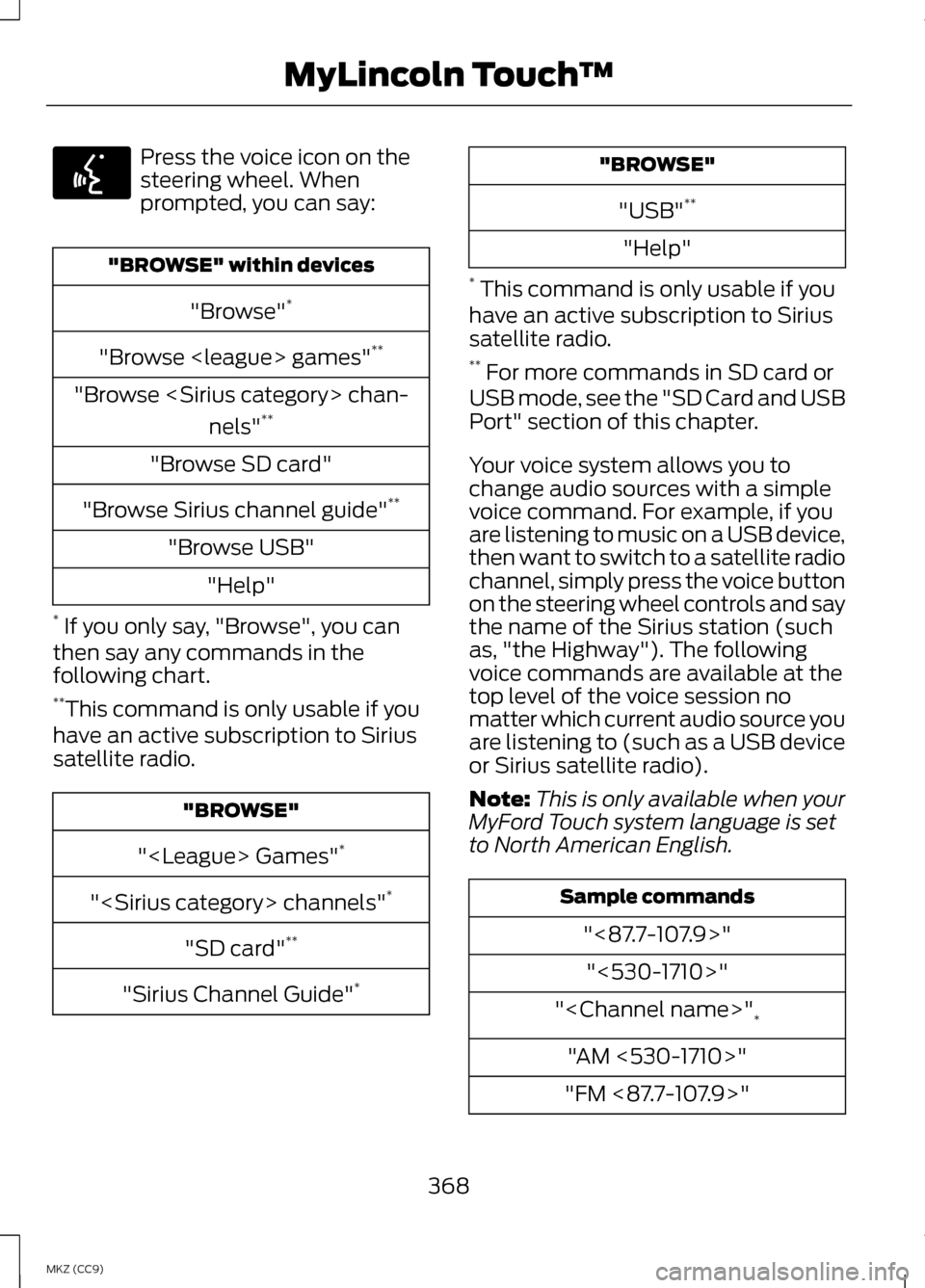 LINCOLN MKZ HYBRID 2013  Owners Manual Press the voice icon on the
steering wheel. When
prompted, you can say:
"BROWSE" within devices
"Browse" *
"Browse <league> games" **
"Browse <Sirius category> chan- nels"**
"Browse SD card"
"Browse S