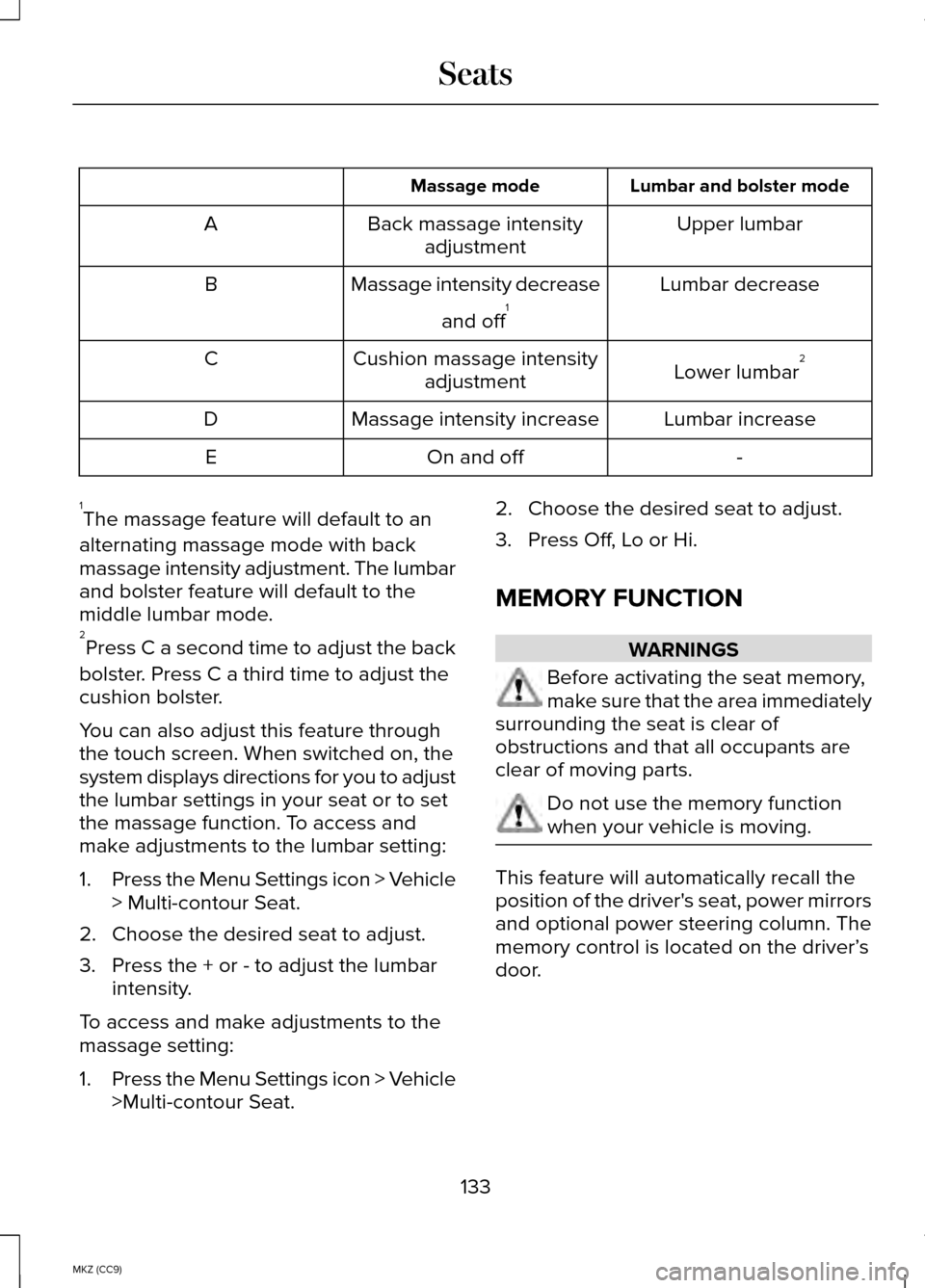 LINCOLN MKZ HYBRID 2014 Owners Manual Lumbar and bolster mode
Massage mode
Upper lumbar
Back massage intensity
adjustment
A
Lumbar decrease
Massage intensity decrease
and off1
B
Lower lumbar2
Cushion massage intensity
adjustment
C
Lumbar LINCOLN MKZ HYBRID 2014 Owners Manual Lumbar and bolster mode
Massage mode
Upper lumbar
Back massage intensity
adjustment
A
Lumbar decrease
Massage intensity decrease
and off1
B
Lower lumbar2
Cushion massage intensity
adjustment
C
Lumbar