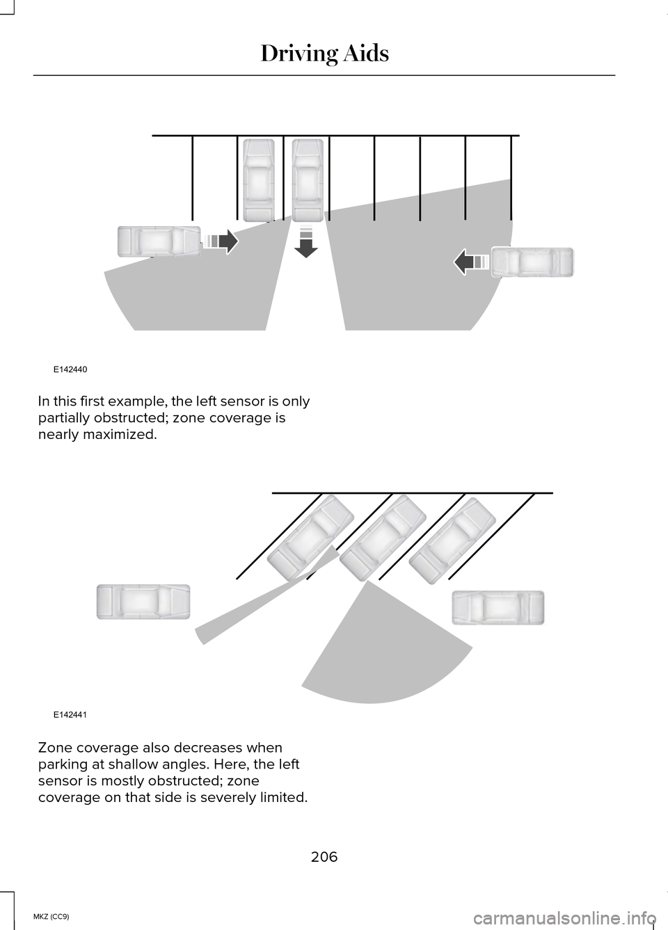 LINCOLN MKZ HYBRID 2014 Owners Guide In this first example, the left sensor is only
partially obstructed; zone coverage is
nearly maximized.
Zone coverage also decreases when
parking at shallow angles. Here, the left
sensor is mostly obs LINCOLN MKZ HYBRID 2014 Owners Guide In this first example, the left sensor is only
partially obstructed; zone coverage is
nearly maximized.
Zone coverage also decreases when
parking at shallow angles. Here, the left
sensor is mostly obs