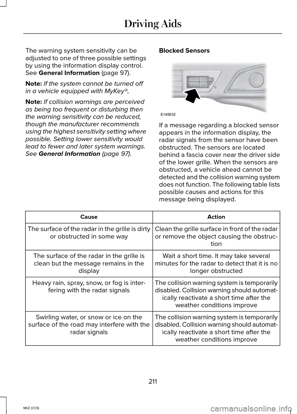 LINCOLN MKZ HYBRID 2014 Owners Guide The warning system sensitivity can be
adjusted to one of three possible settings
by using the information display control.
See General Information (page 97).
Note: If the system cannot be turned off
i LINCOLN MKZ HYBRID 2014 Owners Guide The warning system sensitivity can be
adjusted to one of three possible settings
by using the information display control.
See General Information (page 97).
Note: If the system cannot be turned off
i