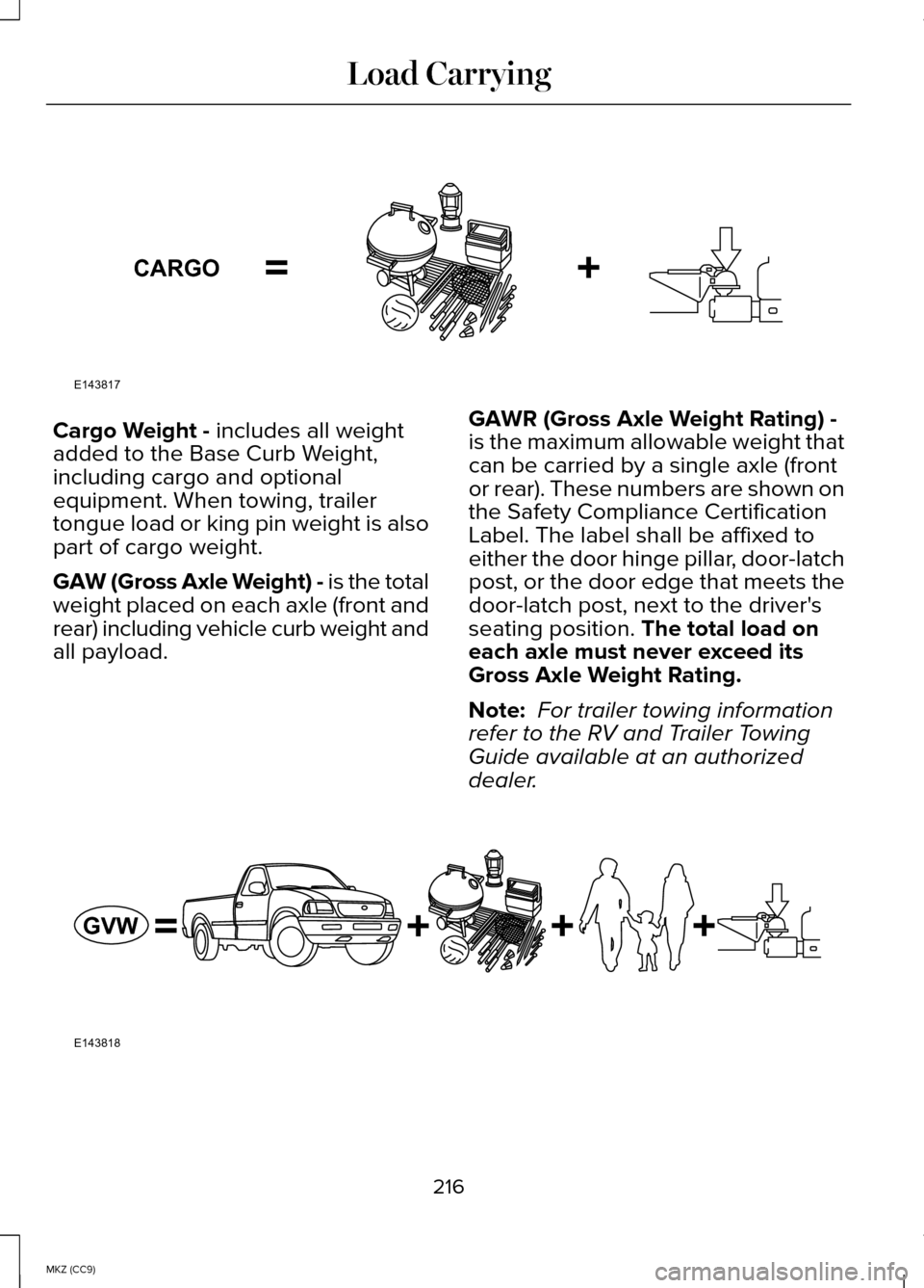 LINCOLN MKZ HYBRID 2014 Owners Manual Cargo Weight - includes all weight
added to the Base Curb Weight,
including cargo and optional
equipment. When towing, trailer
tongue load or king pin weight is also
part of cargo weight.
GAW (Gross A LINCOLN MKZ HYBRID 2014 Owners Manual Cargo Weight - includes all weight
added to the Base Curb Weight,
including cargo and optional
equipment. When towing, trailer
tongue load or king pin weight is also
part of cargo weight.
GAW (Gross A