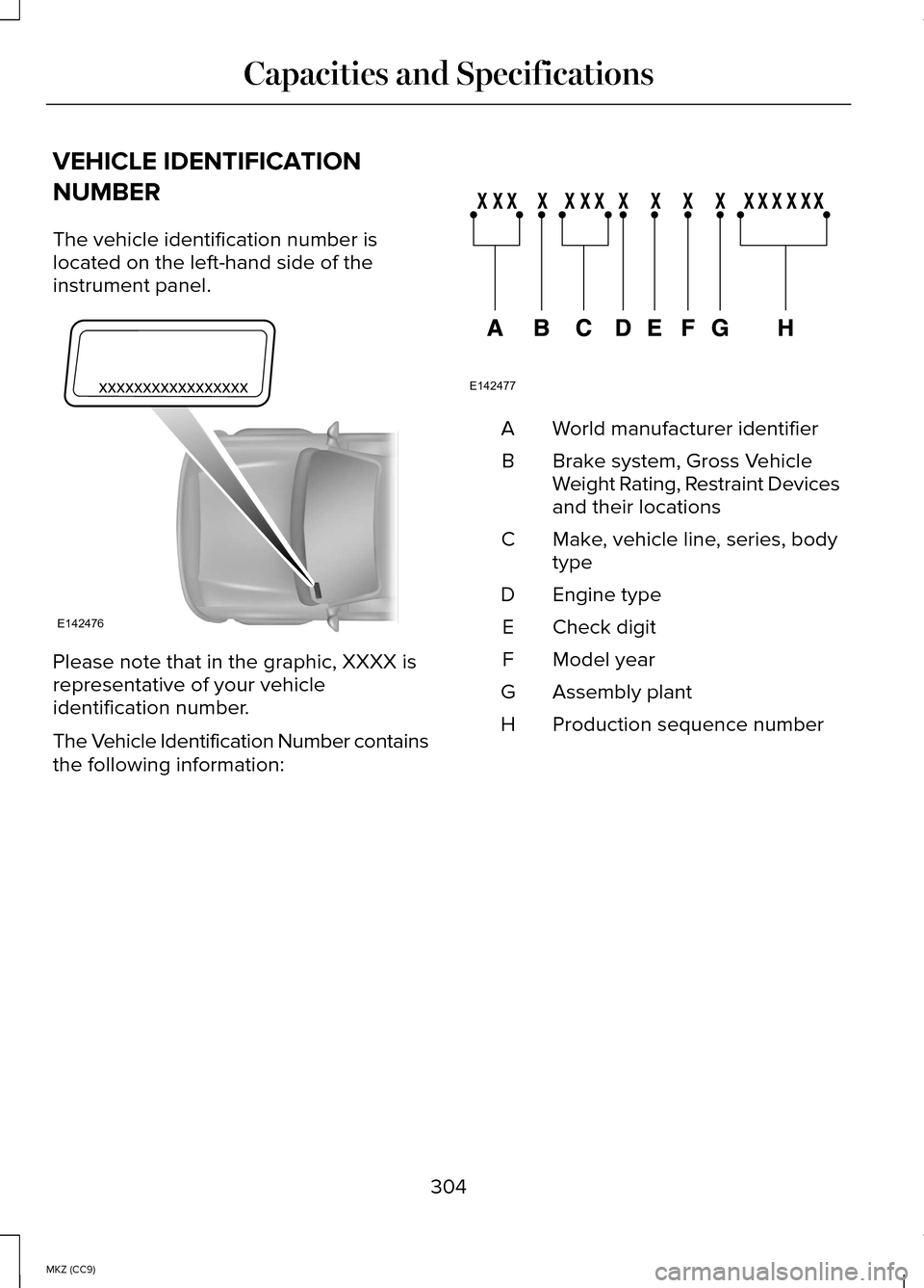 LINCOLN MKZ HYBRID 2014 Owners Manual VEHICLE IDENTIFICATION
NUMBER
The vehicle identification number is
located on the left-hand side of the
instrument panel.
Please note that in the graphic, XXXX is
representative of your vehicle
identi