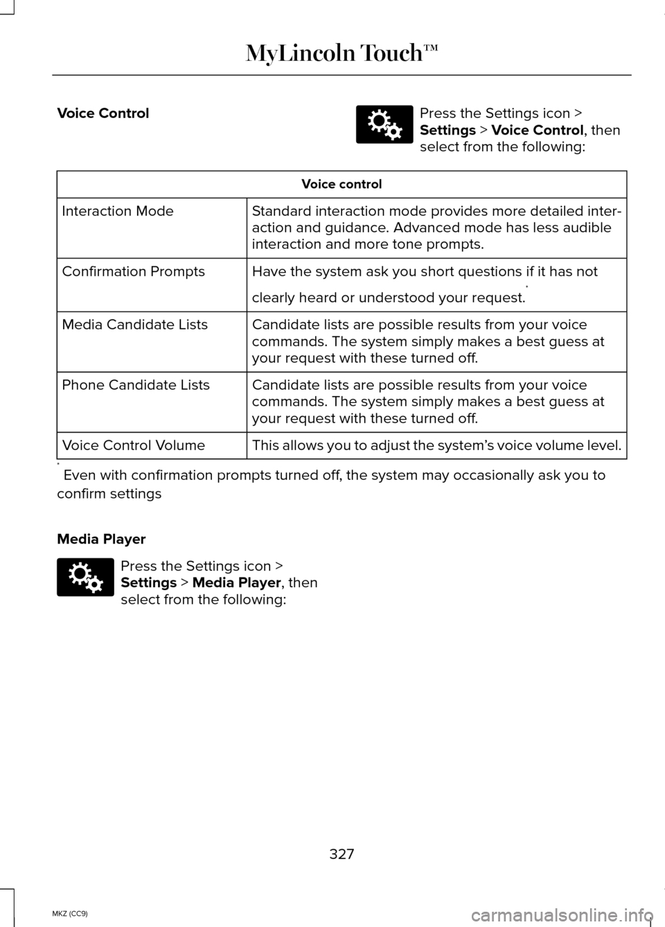 LINCOLN MKZ HYBRID 2014  Owners Manual Voice Control Press the Settings icon >
Settings > Voice Control, then
select from the following: Voice control
Standard interaction mode provides more detailed inter-
action and guidance. Advanced mo