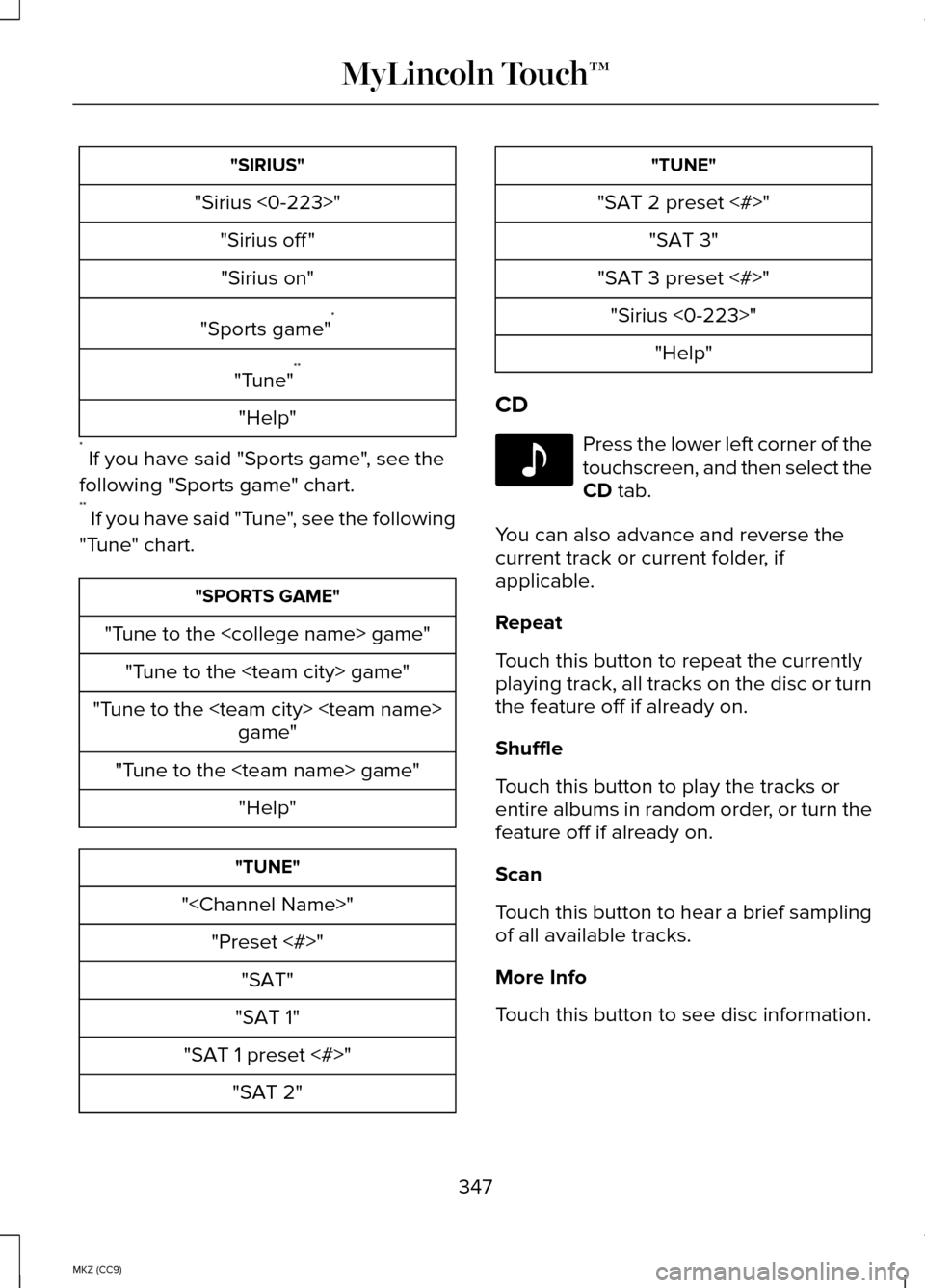 LINCOLN MKZ HYBRID 2014  Owners Manual "SIRIUS"
"Sirius <0-223>" "Sirius off ""Sirius on"
"Sports game" *
"Tune" **
"Help"
*  If you have said "Sports game", see the
following "Sports game" chart.
**  If you have said "Tune", see the follo