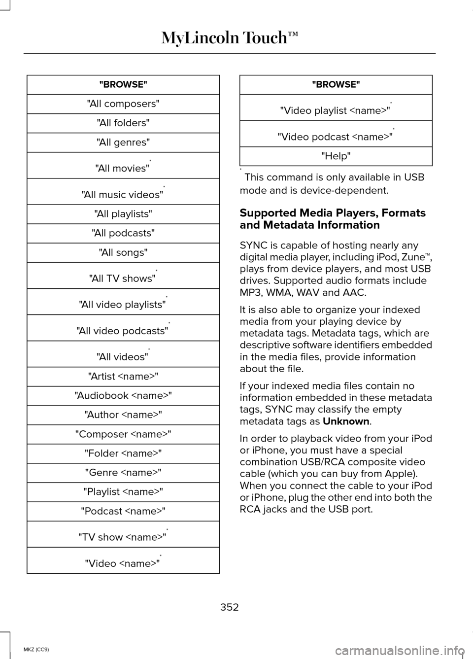 LINCOLN MKZ HYBRID 2014  Owners Manual "BROWSE"
"All composers" "All folders"
"All genres"
"All movies" *
"All music videos" *
"All playlists"
"All podcasts" "All songs"
"All TV shows" *
"All video playlists" *
"All video podcasts" *
"All 