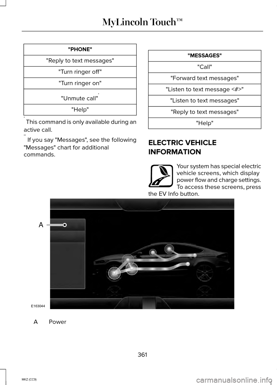 LINCOLN MKZ HYBRID 2014 Owners Manual "PHONE"
"Reply to text messages" "Turn ringer off ""Turn ringer on"
"Unmute call" *
"Help"
* This command is only available during an
active call.
** If you say "Messages", see the following
"Messag LINCOLN MKZ HYBRID 2014 Owners Manual "PHONE"
"Reply to text messages" "Turn ringer off ""Turn ringer on"
"Unmute call" *
"Help"
* This command is only available during an
active call.
** If you say "Messages", see the following
"Messag