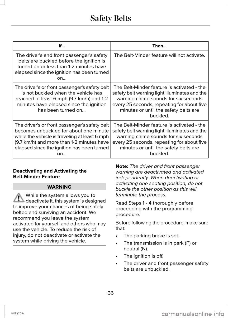 LINCOLN MKZ HYBRID 2014  Owners Manual Then...
If...
The Belt-Minder feature will not activate.
The drivers and front passengers safety
belts are buckled before the ignition is
turned on or less than 1-2 minutes have
elapsed since the ig