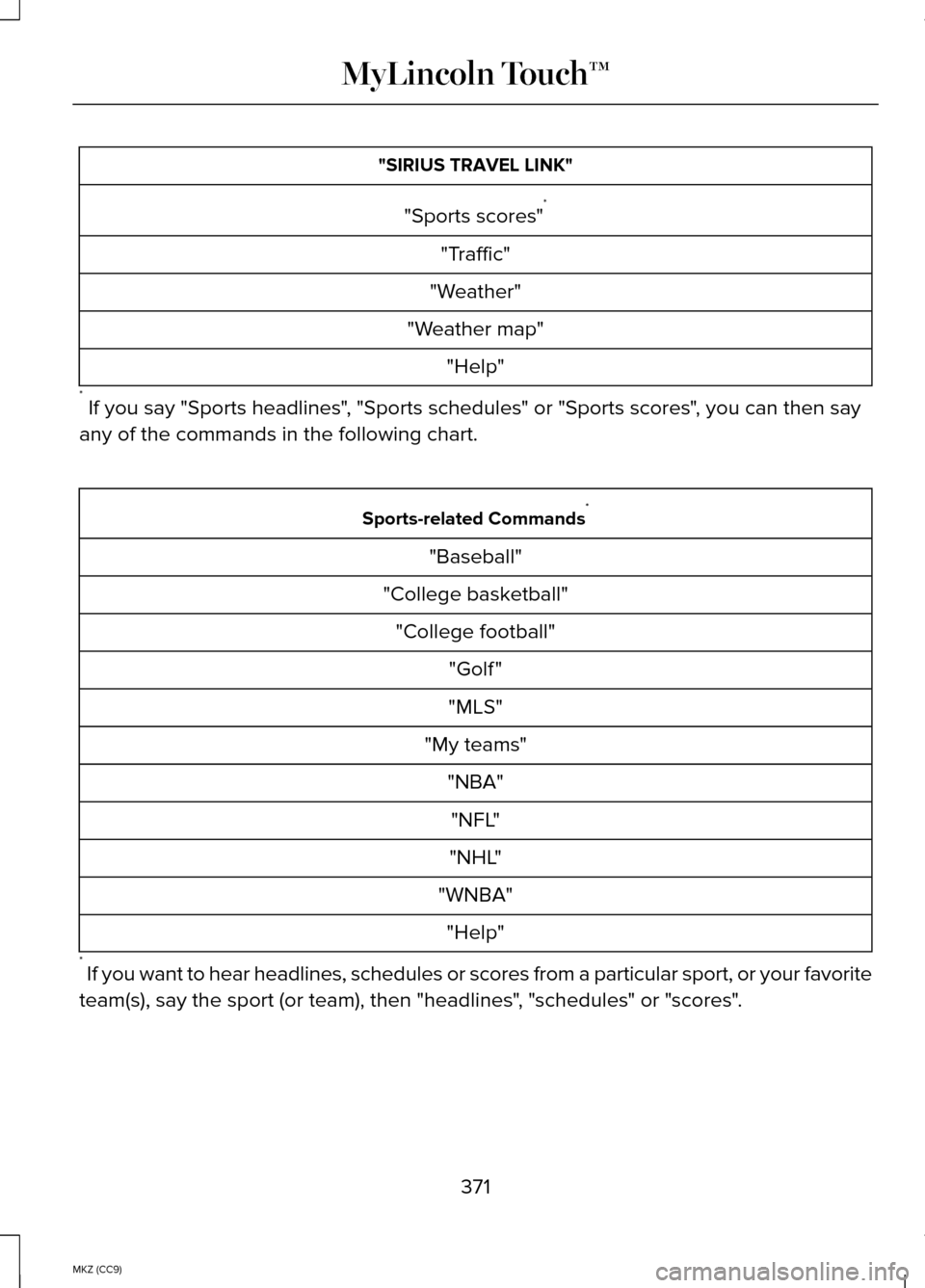 LINCOLN MKZ HYBRID 2014 Owners Manual "SIRIUS TRAVEL LINK"
"Sports scores" *
"Traffic"
"Weather"
"Weather map" "Help"
* If you say "Sports headlines", "Sports schedules" or "Sports scores", you can then say
any of the commands in the fol LINCOLN MKZ HYBRID 2014 Owners Manual "SIRIUS TRAVEL LINK"
"Sports scores" *
"Traffic"
"Weather"
"Weather map" "Help"
* If you say "Sports headlines", "Sports schedules" or "Sports scores", you can then say
any of the commands in the fol