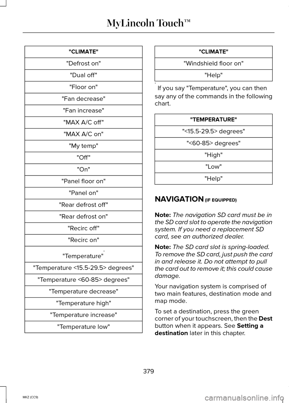 LINCOLN MKZ HYBRID 2014 Owners Manual "CLIMATE"
"Defrost on" "Dual off "
"Floor on"
"Fan decrease" "Fan increase""MAX A/C off ""MAX A/C on" "My temp" "Off ""On"
"Panel floor on" "Panel on"
"Rear defrost off " "Rear defrost on" "Recirc off LINCOLN MKZ HYBRID 2014 Owners Manual "CLIMATE"
"Defrost on" "Dual off "
"Floor on"
"Fan decrease" "Fan increase""MAX A/C off ""MAX A/C on" "My temp" "Off ""On"
"Panel floor on" "Panel on"
"Rear defrost off " "Rear defrost on" "Recirc off